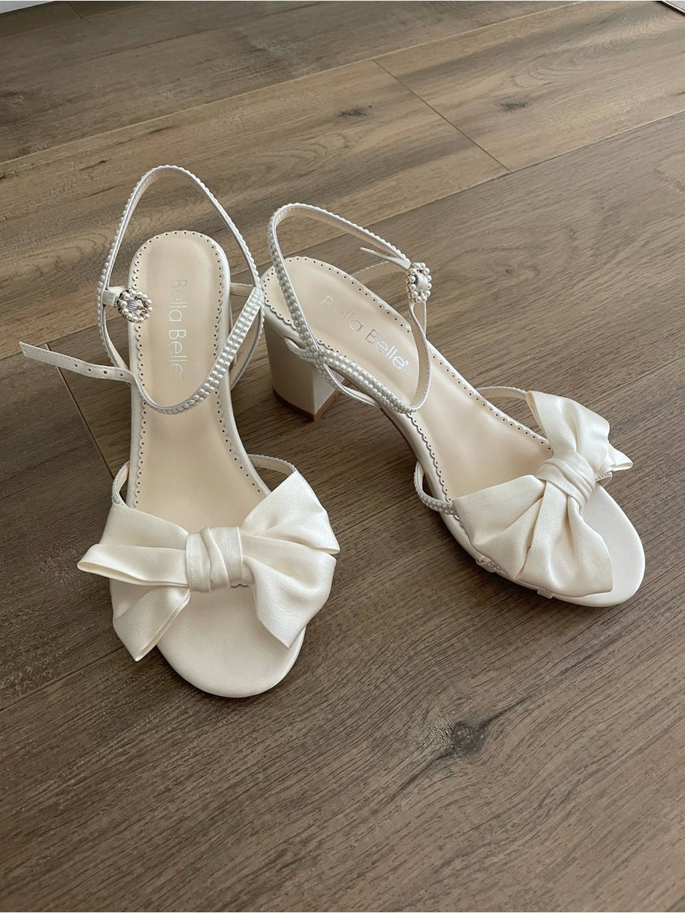 Bella Belle - Delphine - Ivory Satin Bow Pearl Strap Block Heel